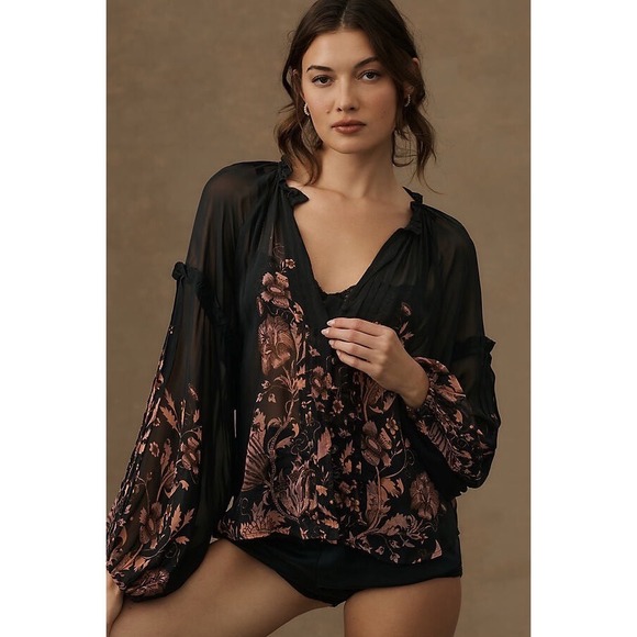 Anthropologie Tops - Anthropologie Womens Black Copper Dark Floral Sheer Balloon Sleeve Blouse Size M
